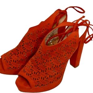 Women's Aldo Orange/Red Suede Cut-out Peep Toe Chunky Heels 7.5